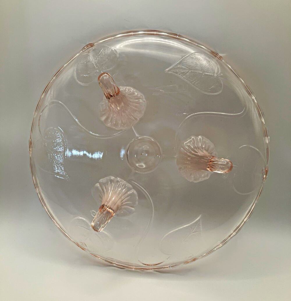 Pink Glass Round Footed Cake Stand w/ 3 Feet, Scalloped Edge, Decorative